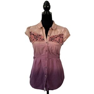 Free People Tops | FP Vintage Dip Dye Ombré Button Up Lace Top Size 6